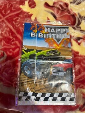 Monster Truck Happy Birthday Party table cloth - Red, Green, Blue